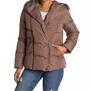 LUCKY BRAND Puffer Hoodie Jacket Missy Pillow Brown Slash Pockets Long Sleeve